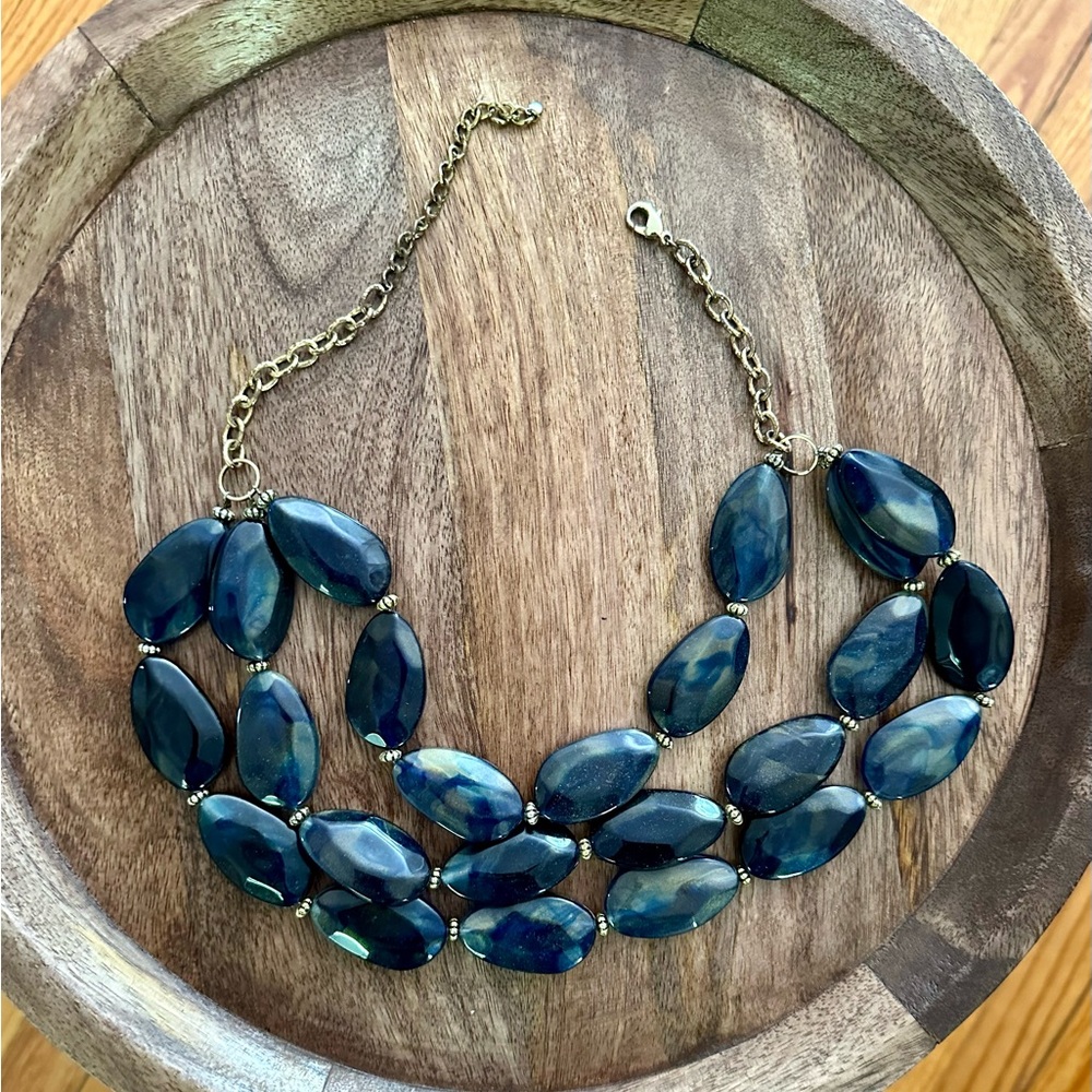 Gold, three layer blue necklace